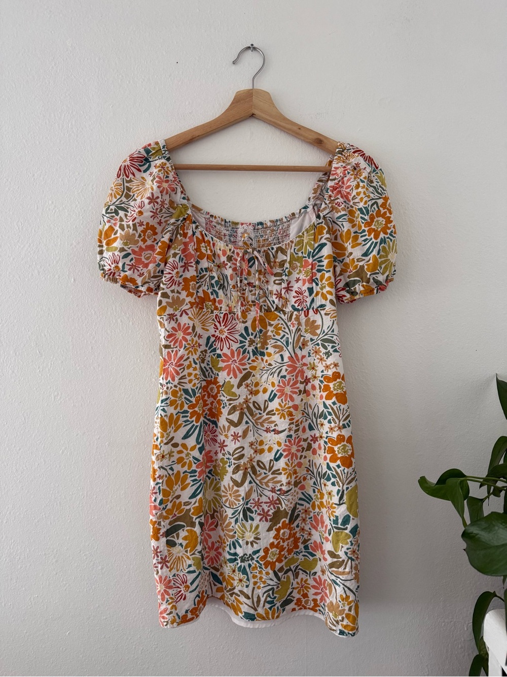 Sadie & Sage Floral Puff-Sleeve Mini Dress - White, Orange, Pink, Green